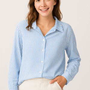 Camisa Feminina Listrada Azul e Branca de Manga Longa
