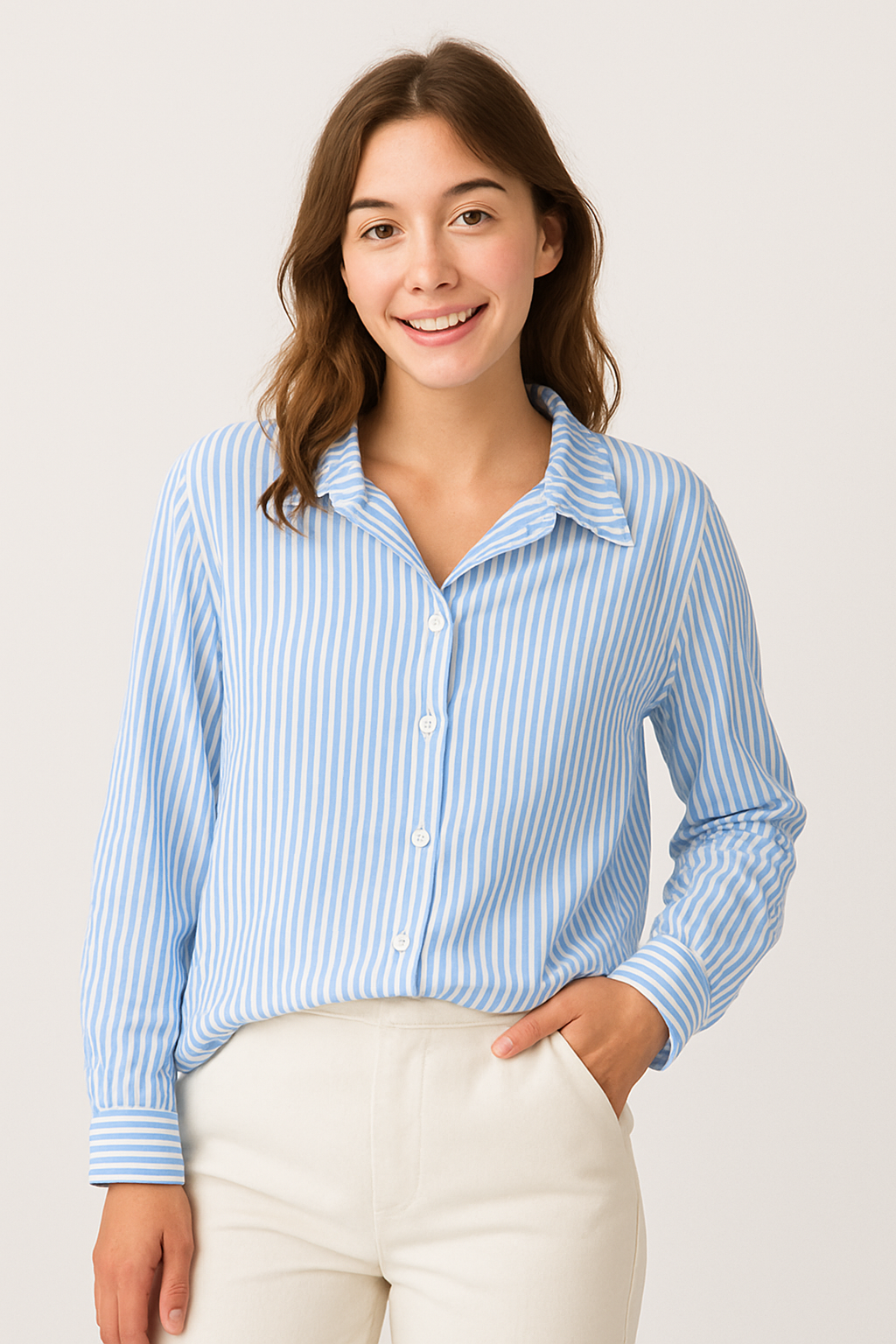 Camisa Feminina Listrada Azul e Branca de Manga Longa